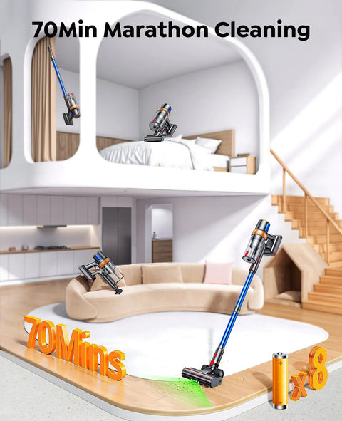 Amazon cordless stick vacuum cleaner with blue wand, self-standing, includes mattress cleaning tool for floors and carpets