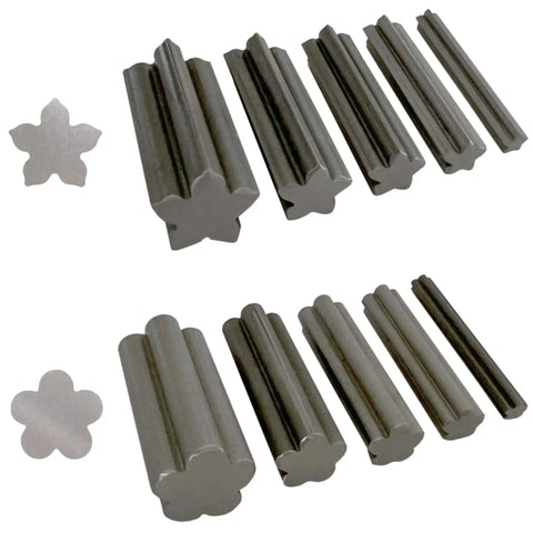 Five Petal Flower Disc Cutter Set Of Ten For Jewelry Making And Metalworking, 5mm To 16mm Diameter, showing punches and discs