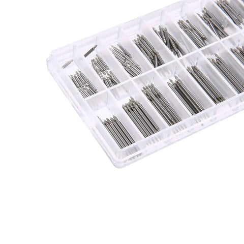360 Piece Stainless Steel Watch Band Link Pins Kit With 18 Size Assortment in a plastic organizer tray