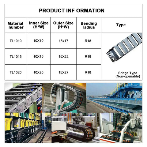 CNC Cable Drag Chain 10mm By 10mm Inner Size, 1 Meter Length Bridge Type Non Openable Black Plastic Wire Carrier Chain With End Connectors
