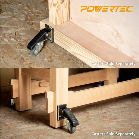 Quick-Release Workbench Caster Plates, 4 Pack With Locking Pins, installed on wooden workbench for easy mobility.