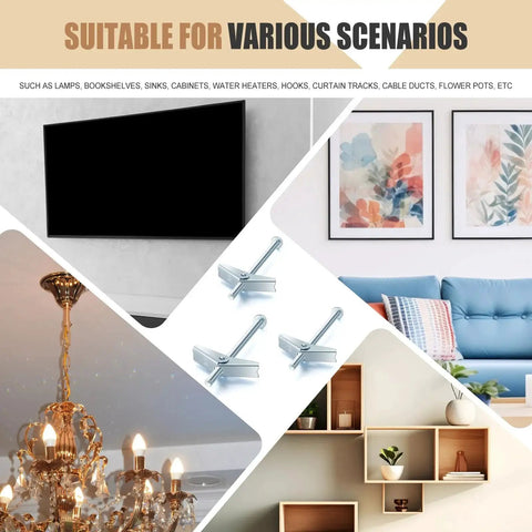 Image collage showing 100 Pack Quarter Inch By Four Inch Toggle Bolts With Butterfly Nuts For Drywall Heavy Duty Wall Anchors, TV and decor.