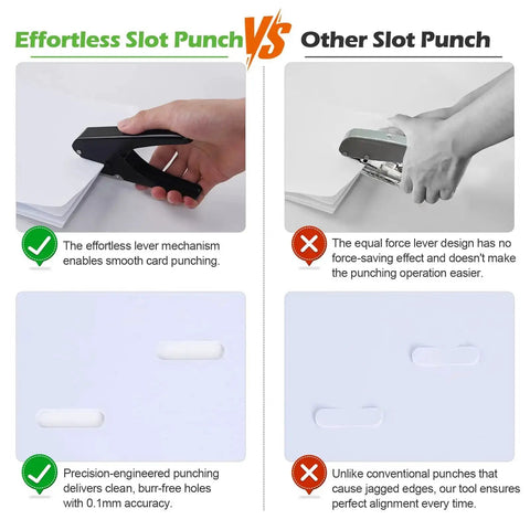 Comparison of Effortless Slot Punch vs Other Slot Punch with images showing hole quality and mechanism differences