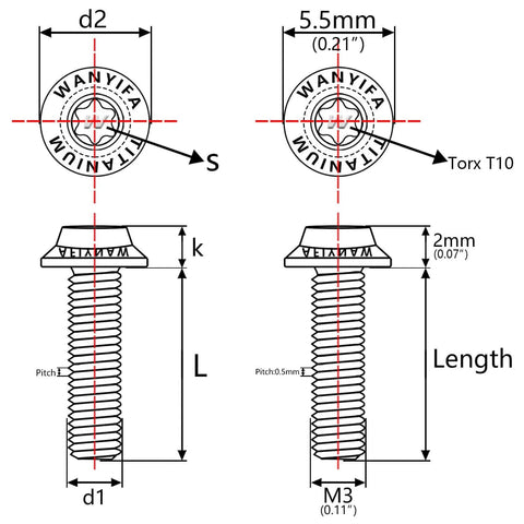Technical diagram of Titanium M3x10mm Torx T10 Bicycle Bolts Screws Set in Black, Lightweight 6AL4V Titanium Alloy for bike mods.