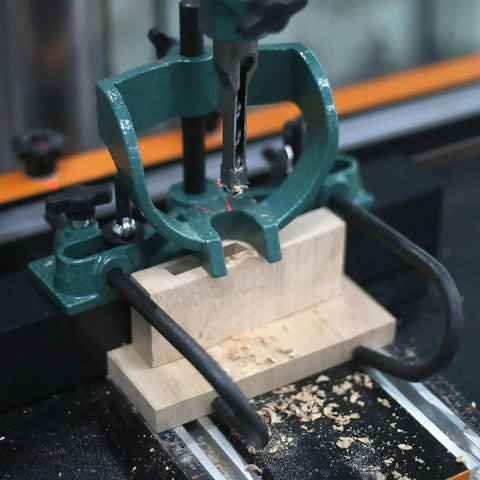 Mortising Attachment Kit For Drill Press And Woodworking Pros With Locator, Press Block, Side Positioning Rod, Fixed Seat, And Four Chisel Sizes One Quarter Inch, Three Eighths Inch, One Half Inch, And Five Eighths Inch, High Quality Steel Drill Bit in operation