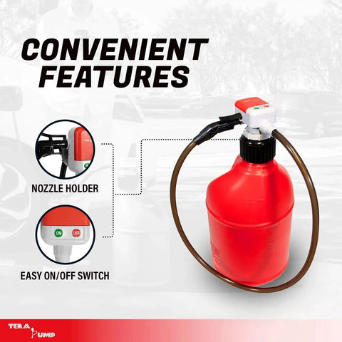 Battery Powered Fuel Transfer Pump With Overfill Protection 2.5 GPM 4.27 Ft Hose with red tank and nozzle holder.