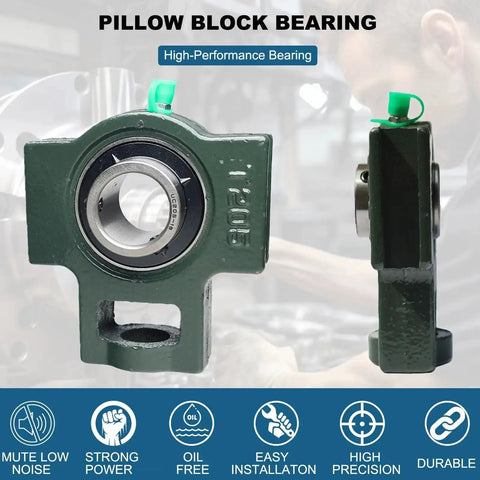 Two Pack Pillow Block Bearing With Take Up Design For 1 Inch Bore Self Aligning Chrome Steel Ball Bearings Heavy Duty Cast Iron Housing Solid Base Industrial Grade Mounted Bearing front and side view