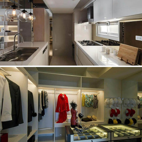 Modern kitchen with stainless steel appliances and open shelving next to a walk-in closet displaying clothes and accessories.