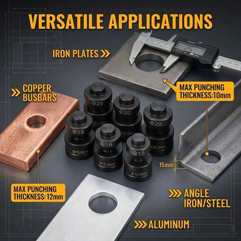 Heavy Duty Hydraulic Hole Punch Die Set Replacement For Industrial Punching Machines High Carbon Steel Round Hole Punch And Die Mold Compatible With Copper Aluminum Iron Angles 13.5mm showcasing versatility with various metals and measurements