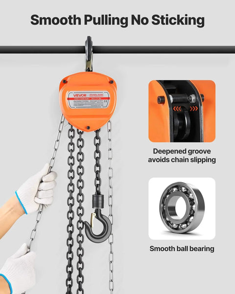 1 Ton Hand Chain Hoist With 10 Ft Lift Galvanized G80 Chain in use, showing smooth pulling mechanism with close-up of chain groove and bearing.