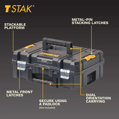 TSTAK II Flat Top Tool Box With Flexible Stacking Platforms And Holds Up To 66 Lbs Heavy Duty Metal Latches Bi Material Handle Interlocking
