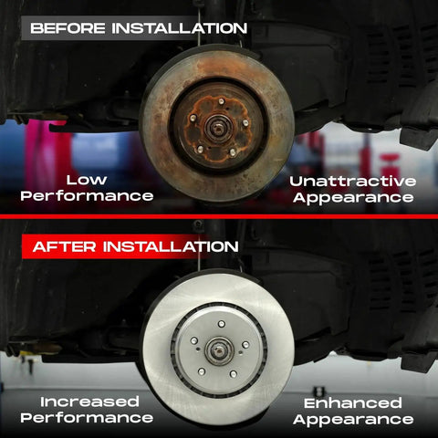 Front brake rotors and pads kit for 2013–2019 Nissan Sentra; before and after installation showing rusty vs shiny rotor.