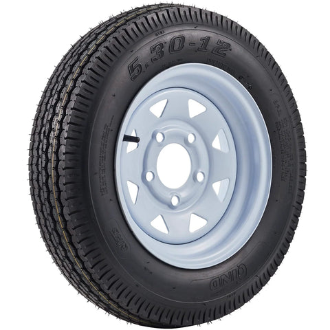 Two Pack 5.30-12 Trailer Tires On 12 Inch Rims With Five Lug On 4.5 Inch Bolt Pattern Center Bore 2.95 Inches Built To Haul