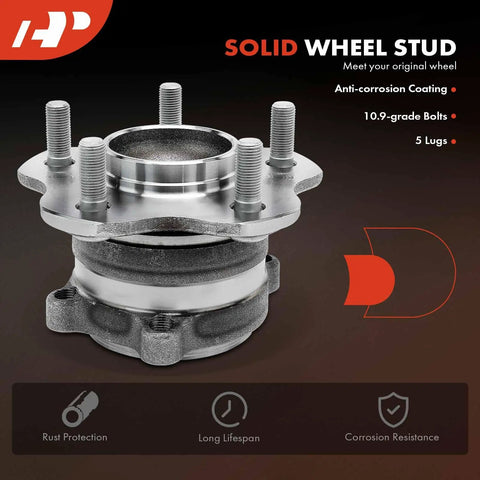 Beefed-Up Rear Wheel Bearing Hub Assembly For Five Lug Vehicles Fits Nissan Altima 2019 To 2023 And Rogue 2021 To 2024 Front Wheel Drive Only Heavy Duty Load Capacity Quiet Smooth Ride Easy Install Replacement Part with anti-corrosion coating, 10.9-grade bolts, and 5 lugs