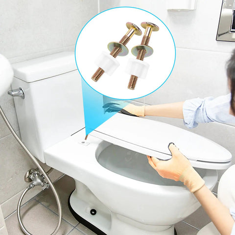 Universal Toilet Seat Screws Replacement Kit With Premium Steel Bolts, Metal Washers And Plastic Nuts, installed on toilet