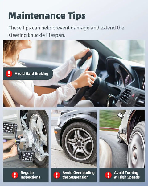 Car maintenance tips showing steering wheel operation, regular wheel inspections, and reminders to avoid overloading suspension.