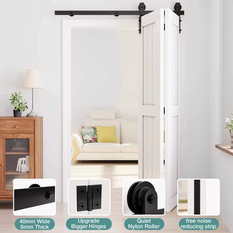 Carbon Steel Bifold Barn Door Hardware Kit For 32 Inch Closet Doors 3ft Track Smooth Quiet Black installed in room