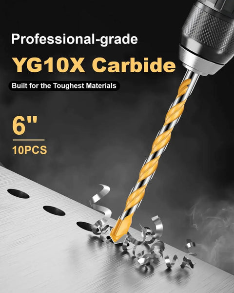 Beefed Up Heavy Duty Masonry Drill Bit Set With Six Inch Bits And YG10X Carbide Tips drilling into metal surface