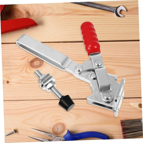 Two Pack Welding Toggle Clamps For Woodworking, Quick Release Iron Fixed Clamps For Jigs And Fixtures on wooden surface