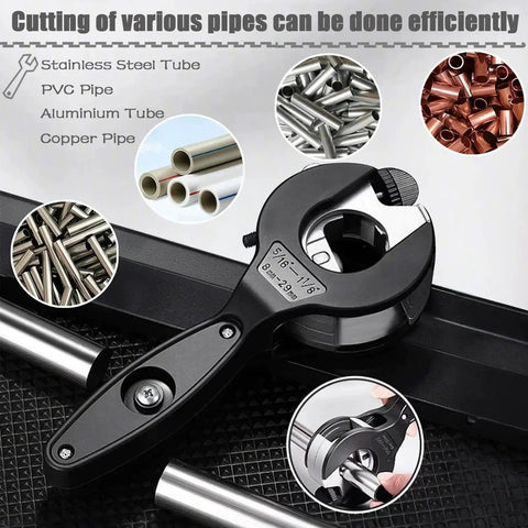 Ratcheting Tubing Cutter for copper and metal pipes from five sixteenth inch to one and one eighth inch, shown with materials.