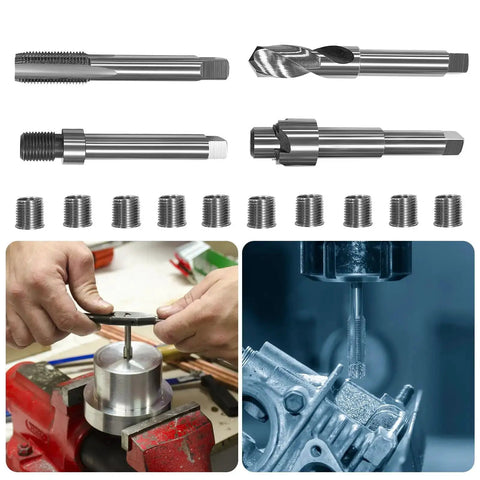 M14x1.5 Thread Repair Kit with 16.2mm stainless steel inserts, tools for auto parts repair, DIY friendly, use with power drill.