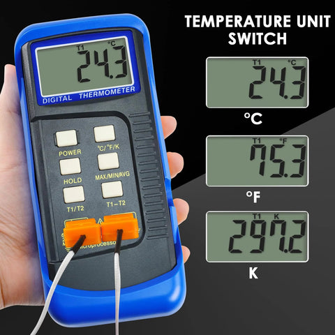 Front view of blue handheld digital K-type thermocouple thermometer with dual channels and two probes (-50 to 1300°C)