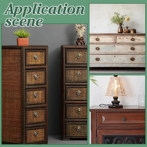 Application scene showcasing Four Pack Antique Oval Drawer Pulls in Antique Bronze on various furniture styles.