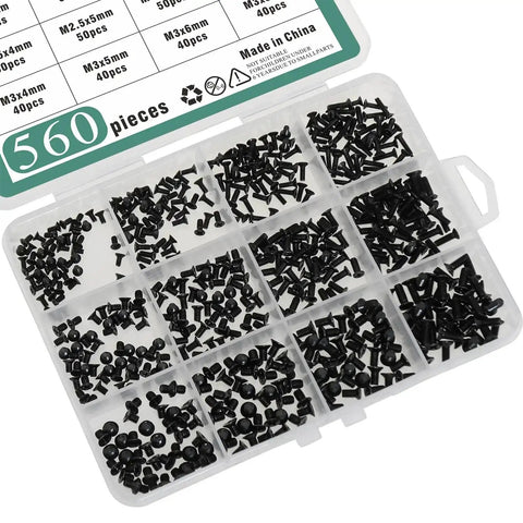 Beefy 560 Piece Black Carbon Steel Laptop Screw Set For Dell Samsung HP Sony Laptops M2 M2.5 M3 Phillips in labeled case