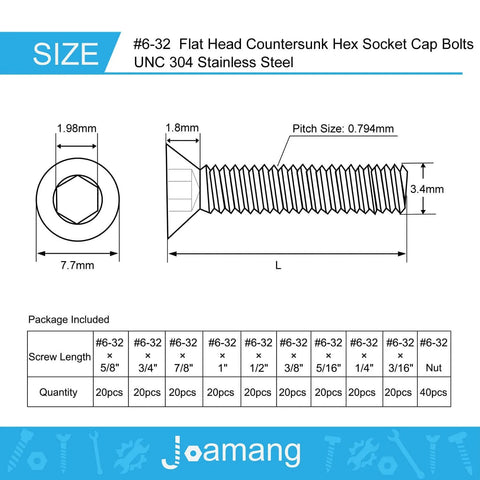Diagram of Premium 304 Stainless Steel Flat Head Hex Socket Cap Screws Set 220Pcs UNC 6 32 Nuts And Hardware Assortment