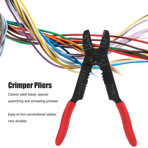 All In One Crimping Pliers Heavy Duty For Wire Terminals with red ergonomic grip and high carbon steel blades, shown with cables