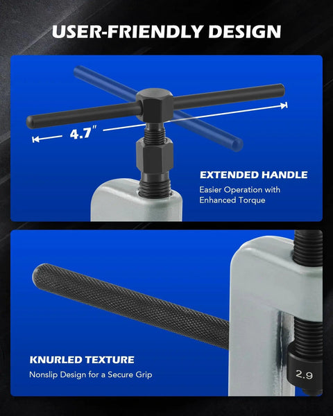 User-friendly design of Beefed Up Chain Breaker Tool Kit With C Frame For Quick Chain Link Removal 19 Piece Set Featuring 3 Anvils And 5 Break Tips Built For Dirt Bikes ATVs And Motorcycles Fits 25 To 630 Chains Orion Motor Tech, showing extended handle and knurled texture