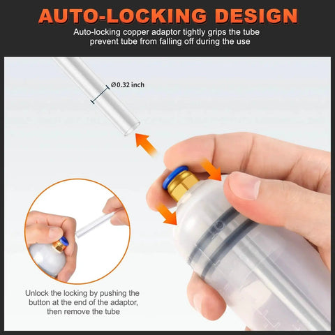 Auto-locking design of Automotive Fluid Extractor Pump With 32 Inch Hose 9 Inch Tubes Oil Change, showing copper adaptor.