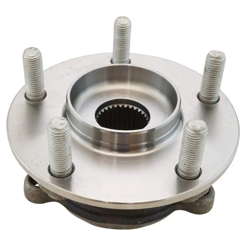 Drop In Front And Rear Wheel Bearing And Hub Assembly Set For 2013 Through 2021 Mazda CX 5 AWD And 2022 CX 5 With Two Front And Two Rear Units For A Premium Direct Fit Replacement And Easy Do It Yourself Install, close-up view of metal wheel hub component with bolts