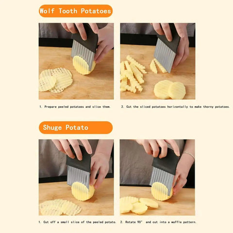 Two Pack Crinkle Fry Cutter Set for Potatoes and Veggies slicing potatoes with ergonomic non-slip handles.