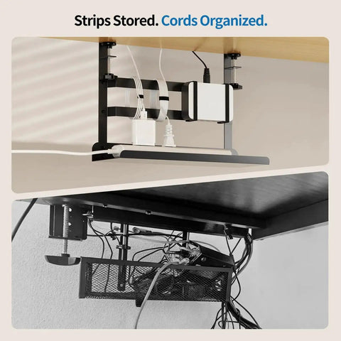 Under Desk Cable Management Tray With No Drill Clamp Mount organizing cables and power strips against a wooden desk.