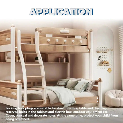 Application of Black Plastic Hole Plugs Set used in furniture to cover holes, shown on a wooden bunk bed in a bedroom.