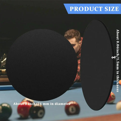 Close-up of 30 piece black rubber pool table leg shims for leveling on sloped floors, 3 inch diameter, billiards table background.