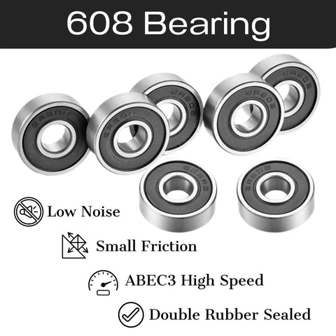 608 RS Chrome Steel Ball Bearings 100 Pack 8x22x7mm Pre Lubricated Double Rubber Sealed ABEC 3 displayed with features icons.
