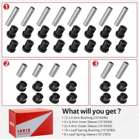 Club Car DS suspension bushing kit: silver sleeves with black bushings; 12 A-arm and 16 leaf spring bushings.
