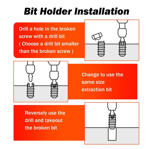 Illustration of the Spiral Screw Extractor Set With Tungsten Carbide Tip Scriber Pen Left Hand Drill Bits In Cobalt HSS Steel includes step-by-step bit holder installation.
