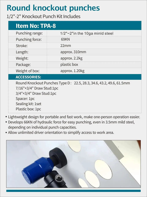 8 Ton Hydraulic Knockout Punch Kit For Half To Two Inch Conduit Built Like A Tank Includes Six Die Sets For Half Three Quarter One One And A Quarter One And A Half And Two Inch With 360 Degree Swivel Head Compatible With Greenlee Dies product specifications.