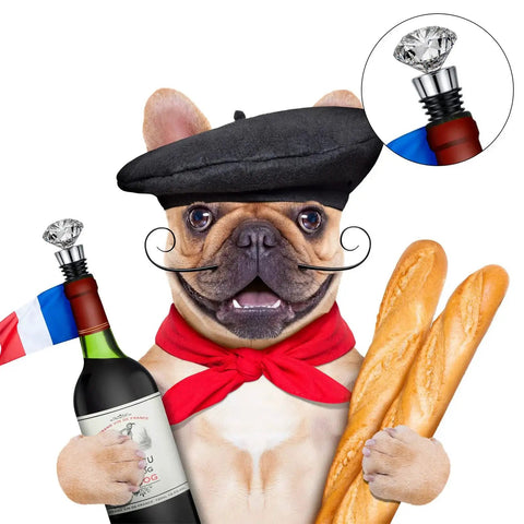 French bulldog with beret and mustache holding baguettes, wine bottle with stopper from 8 Piece Metal Bottle Stopper Kit With Stainless Steel Inserts Reusable Wine Saver For Weddings And Parties Bar Nights Durable Easy Grip Stopper Hardware For Standard Wine Bottles And DIY Wood Turning Projects.