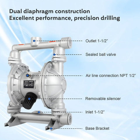 Air-operated double diaphragm pump, silver metal body with base bracket, 1-1/2 in inlet/outlet, removable silencer