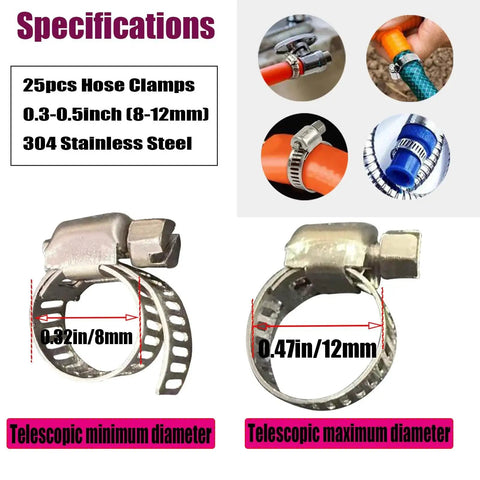25 Pcs 0.3-0.5 Inch 8-12 Mm Hose Clamps 304 Stainless Steel Adjustable Worm Gear Fuel Line Clamp