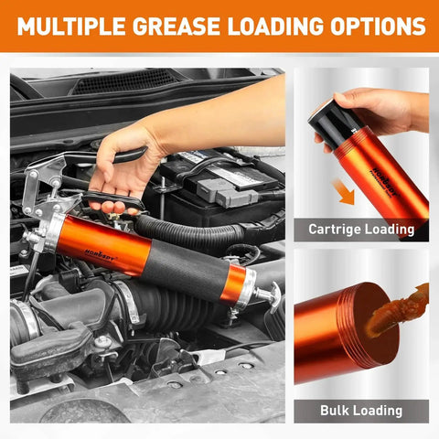 Beefed Up 8000 PSI Grease Gun Kit with 14oz Grease, dual 11 inch hoses shown with cartridge and bulk loading options.