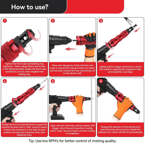 Instructions for using Cordless Rivet Gun Adapter Kit for Drills with 6 Interchangeable Heads and 30 Blind Rivets