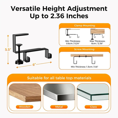 38 Inch Under Desk Cable Management Tray With Clamp And Screw Mount versatile height adjustment diagram for various tabletop materials.