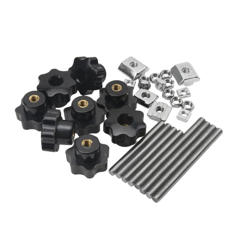 Eight Sets M6 Knurled Nut Screw Kit For Through Hole Star Shaped Nylon Knobs with T-nuts and screws displayed.