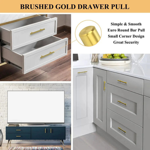 Brushed gold drawer pull on white cabinets, shown in various settings, including kitchen and bedroom; part of a 30 Pack Gold Cabinet Handles With 3 Inch Hole Centers Brushed Brass Finish Stainless Steel Dresser Drawer Pulls 5 Inch Overall Length Fingerprint Resistant Durable Kitchen Bathroom Bedroom Furniture Hardware set.