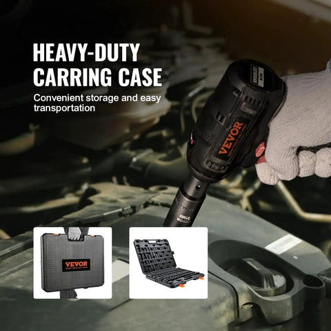 Impact wrench used in auto repair with Half Inch Drive Impact Socket Set, 65-Piece SAE And Metric, durable carrying case shown.